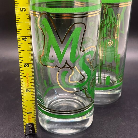 MSU Mich State Green‎ & Gold Trimmed MCM Vintage High Ball Glass Tumblers Set 2 - Picture 8 of 9